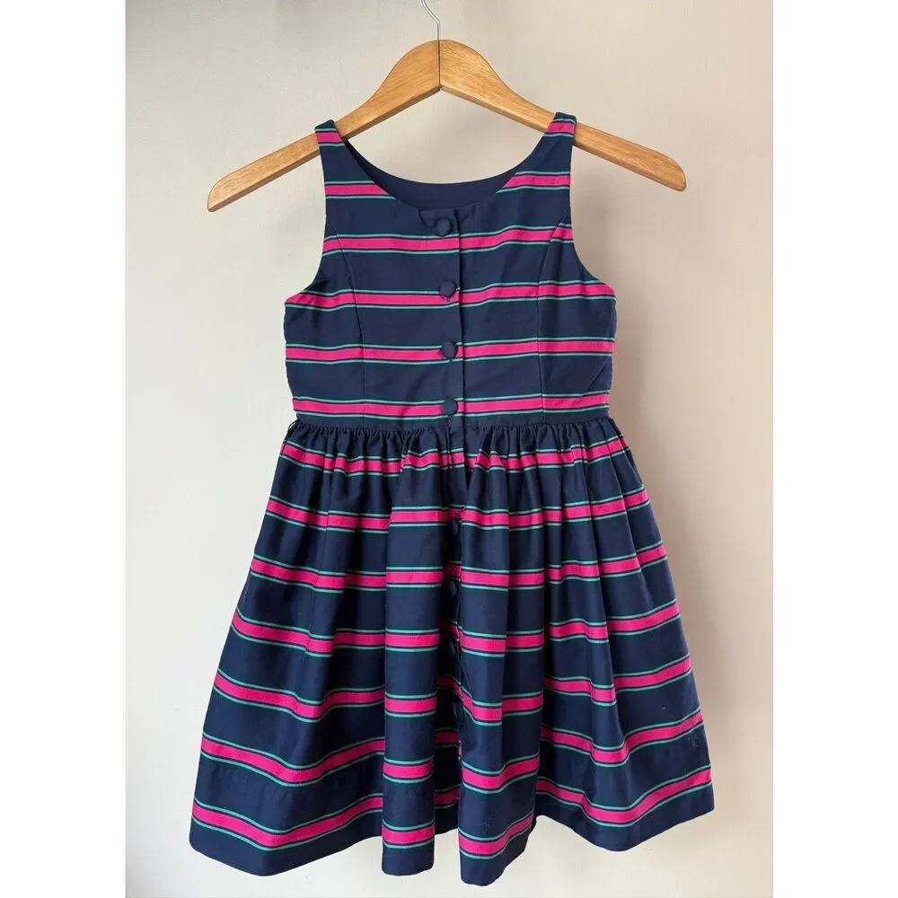 Ralph Lauren Navy Blue Striped Button Back Fit And Flare Dress Size 8 Girls